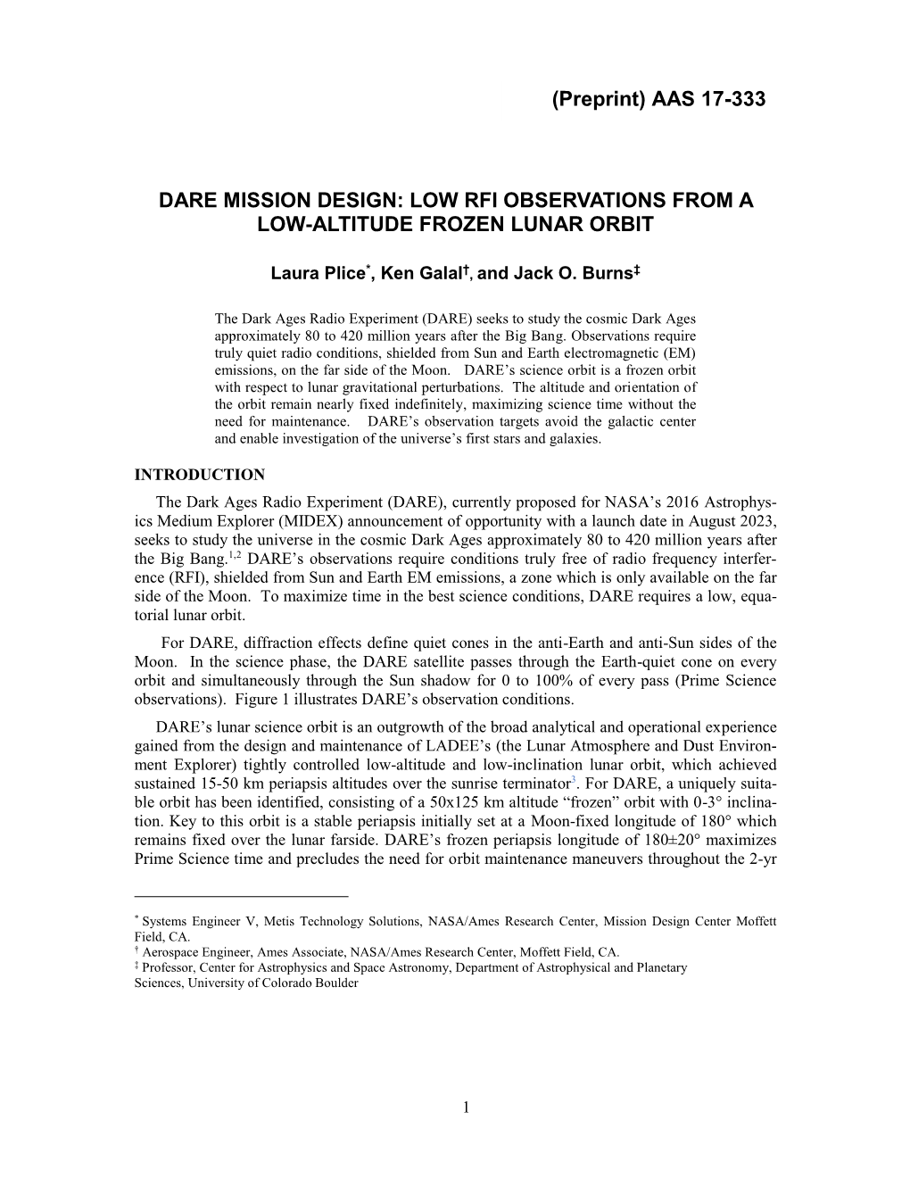 Dare Mission Design: Low Rfi Observations from a Low-Altitude Frozen Lunar Orbit