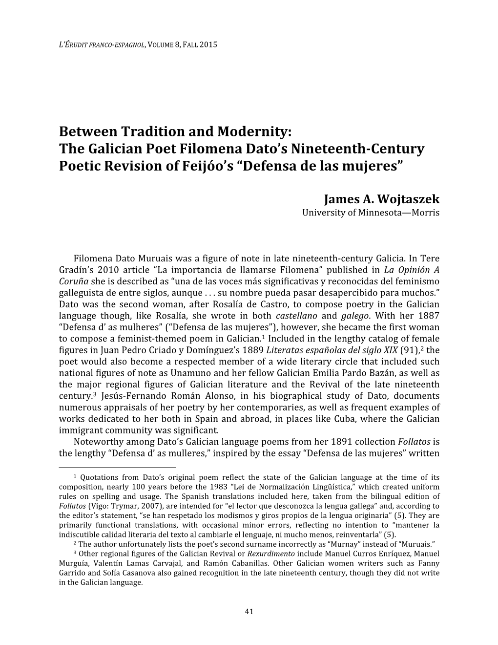 Between Tradition and Modernity: the Galician Poet Filomena Dato's Nineteenth-Century Poetic Revision of Feijєo's “Defen