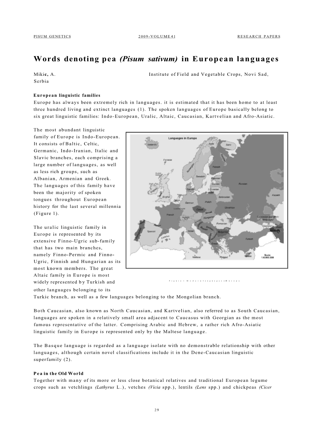 Words Denoting Pea (Pisum Sativum) in European Languages