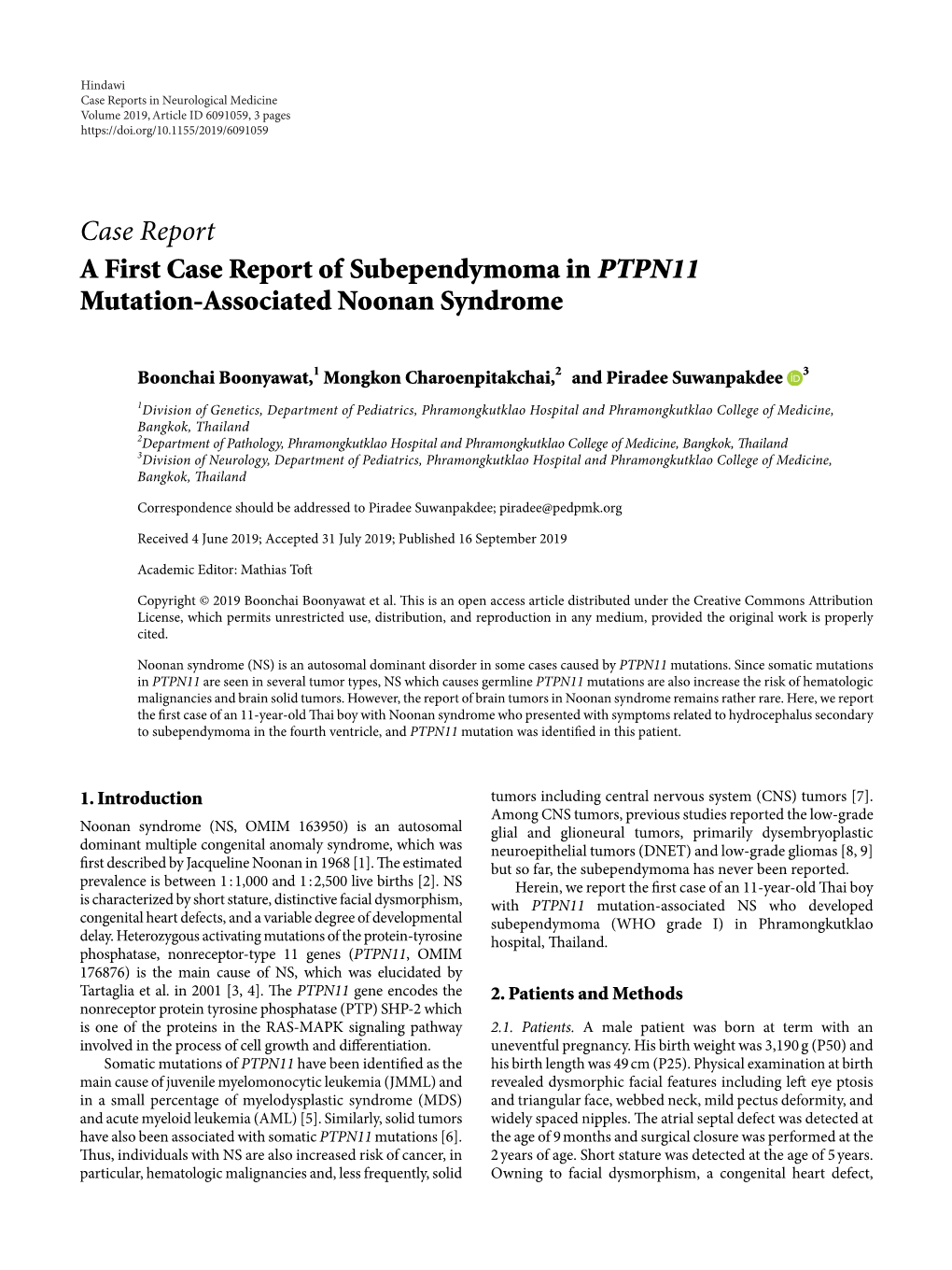 Case Report a First Case Report of Subependymoma in PTPN11 Mutation-Associated Noonan Syndrome