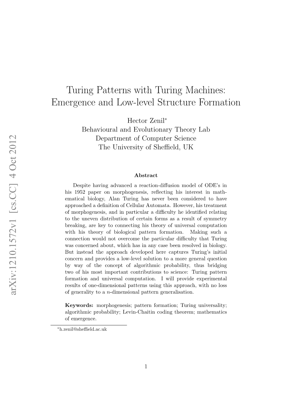 Turing Patterns with Turing Machines: Emergence and Low-Level Structure Formation