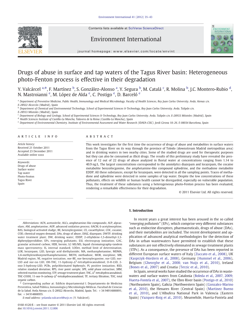 Drugs of Abuse in Surface and Tap Waters of the Tagus River Basin: Heterogeneous Photo-Fenton Process Is Effective in Their Degradation