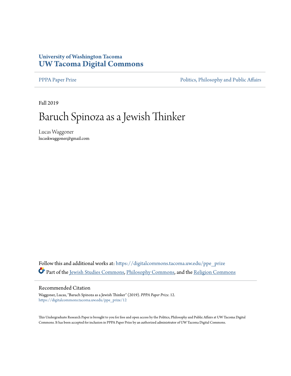 Baruch Spinoza As a Jewish Thinker Lucas Waggoner Lucaskwaggoner@Gmail.Com