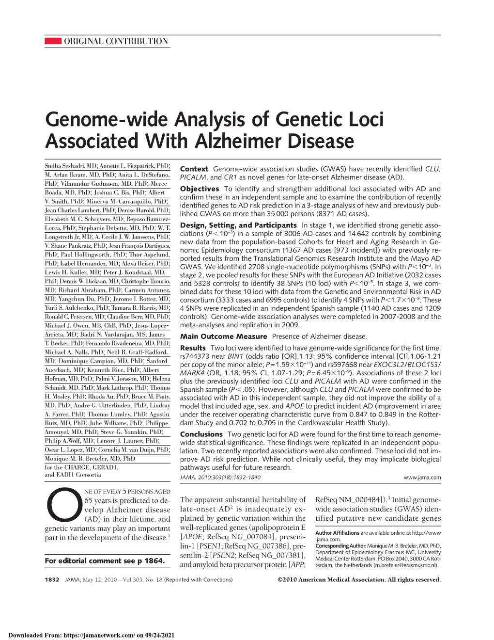 Genome-Wide Analysis of Genetic Loci Associated with Alzheimer Disease