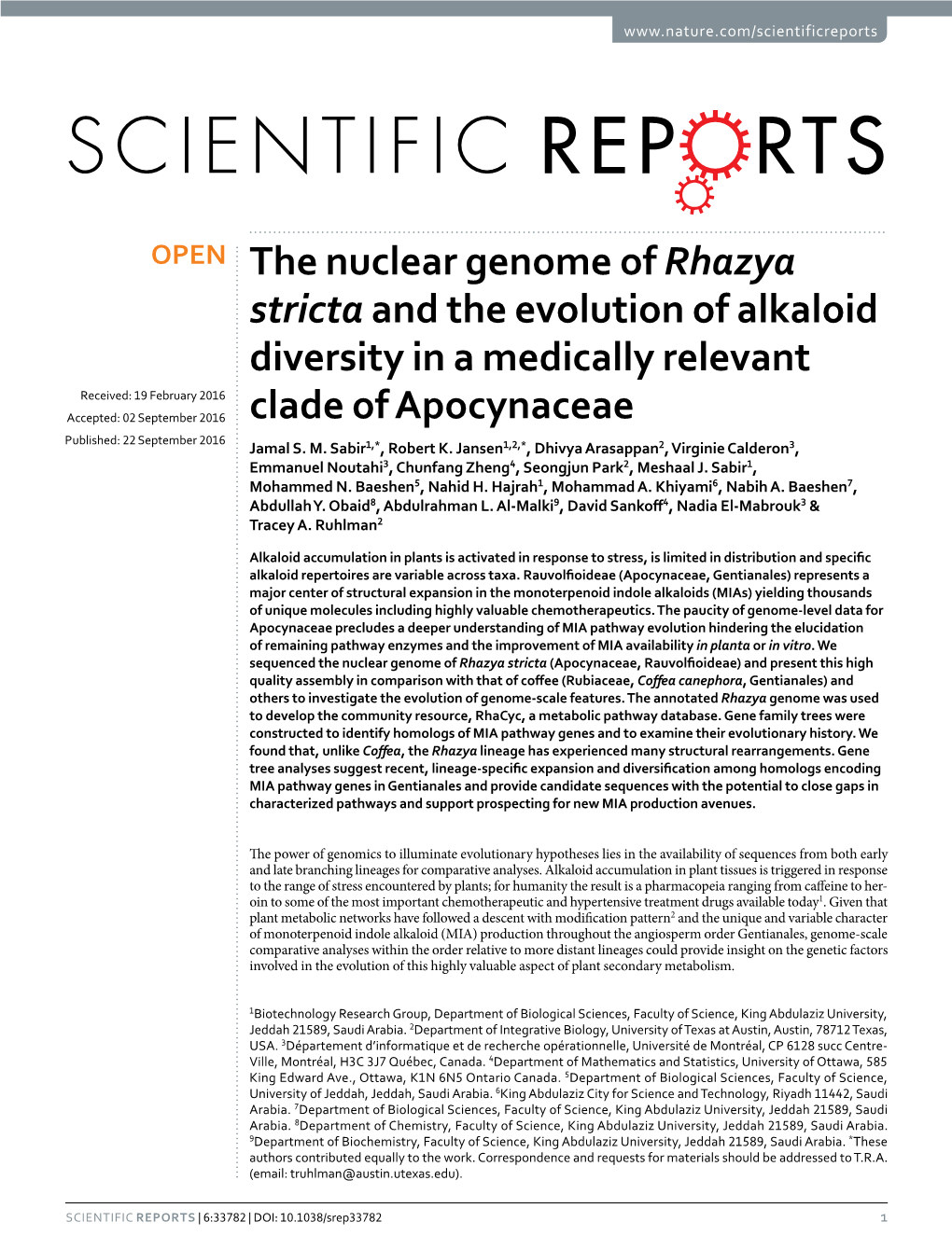 The Nuclear Genome of Rhazya Stricta and the Evolution of Alkaloid
