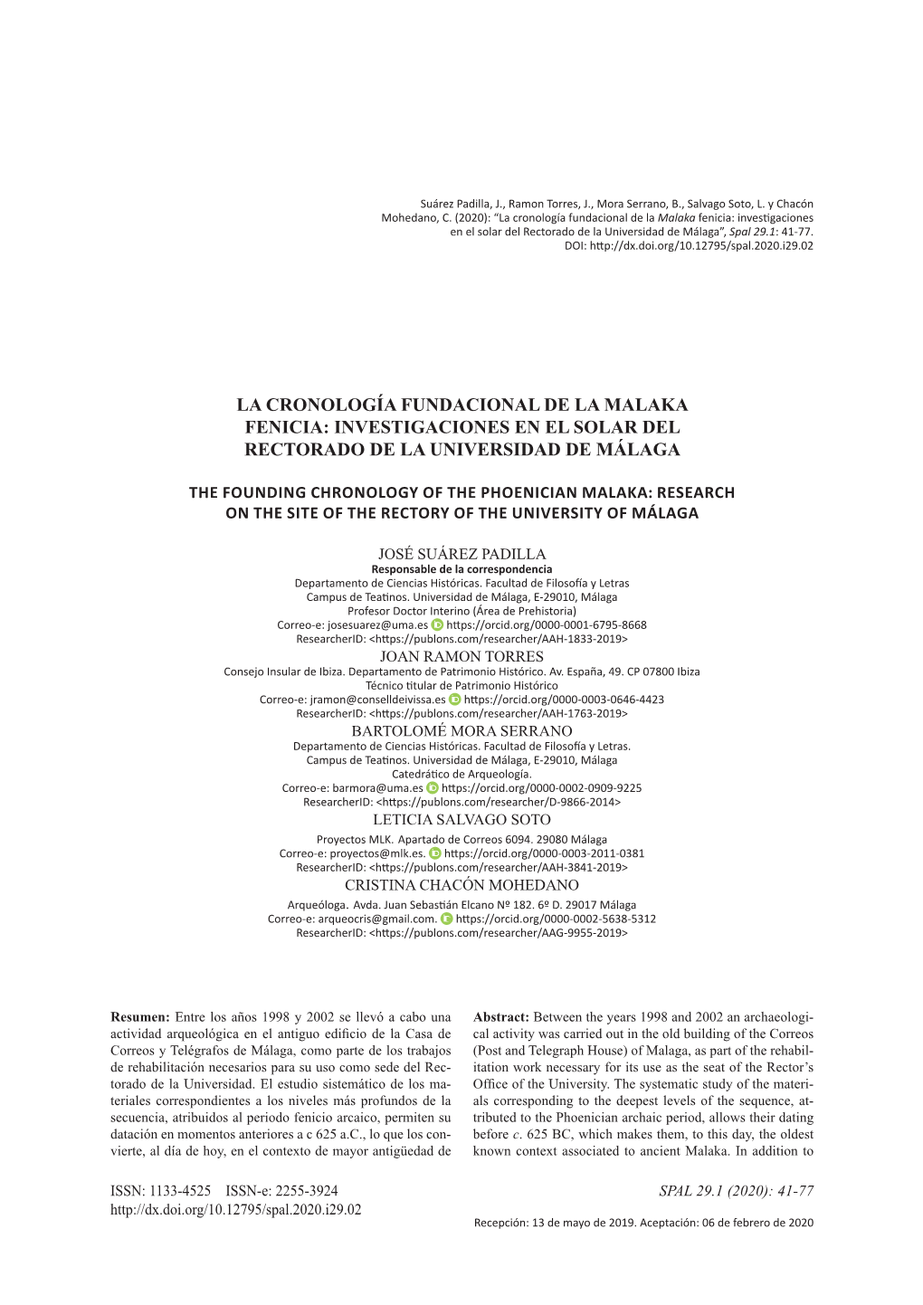 La Cronología Fundacional De La Malaka Fenicia: Investigaciones En El Solar Del Rectorado De La Universidad De Málaga”, Spal 29.1: 41‑77