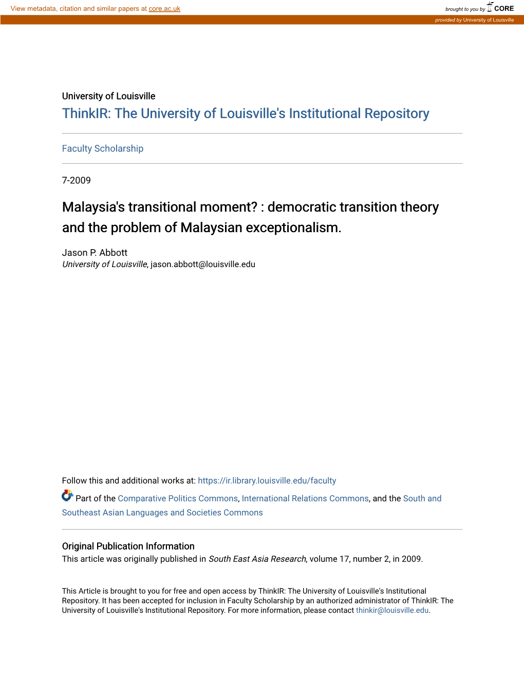 Democratic Transition Theory and the Problem of Malaysian Exceptionalism