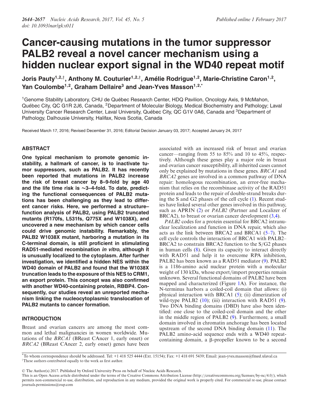 Cancer-Causing Mutations in the Tumor Suppressor PALB2 Reveal A
