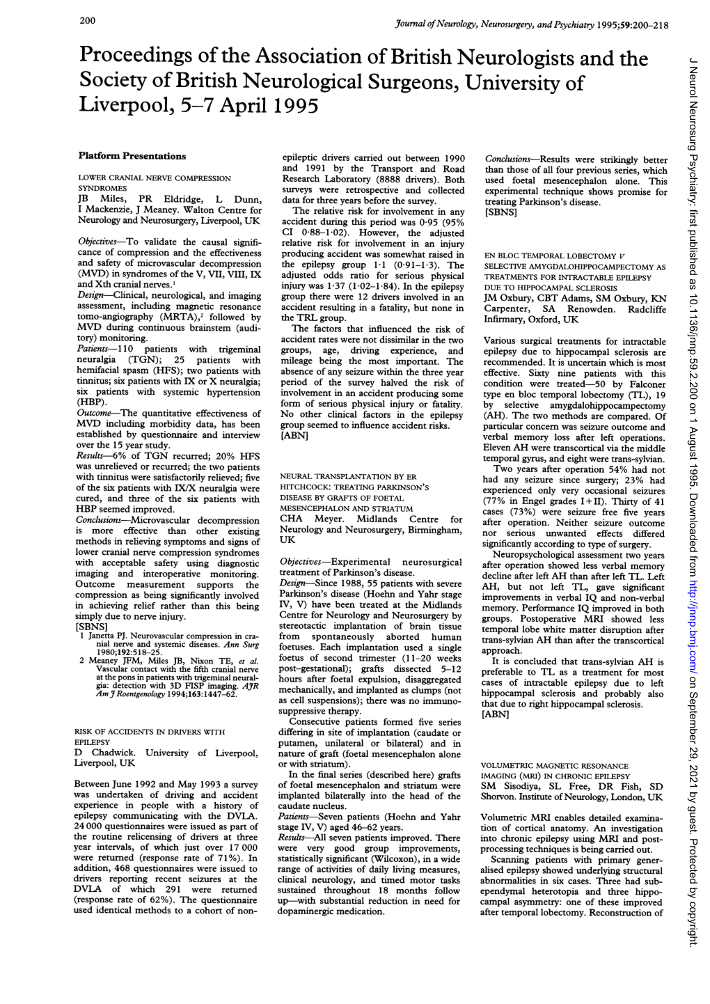 Proceedings Ofthe Association Ofbritish Neurologists and the J Neurol Neurosurg Psychiatry: First Published As 10.1136/Jnnp.59.2.200 on 1 August 1995