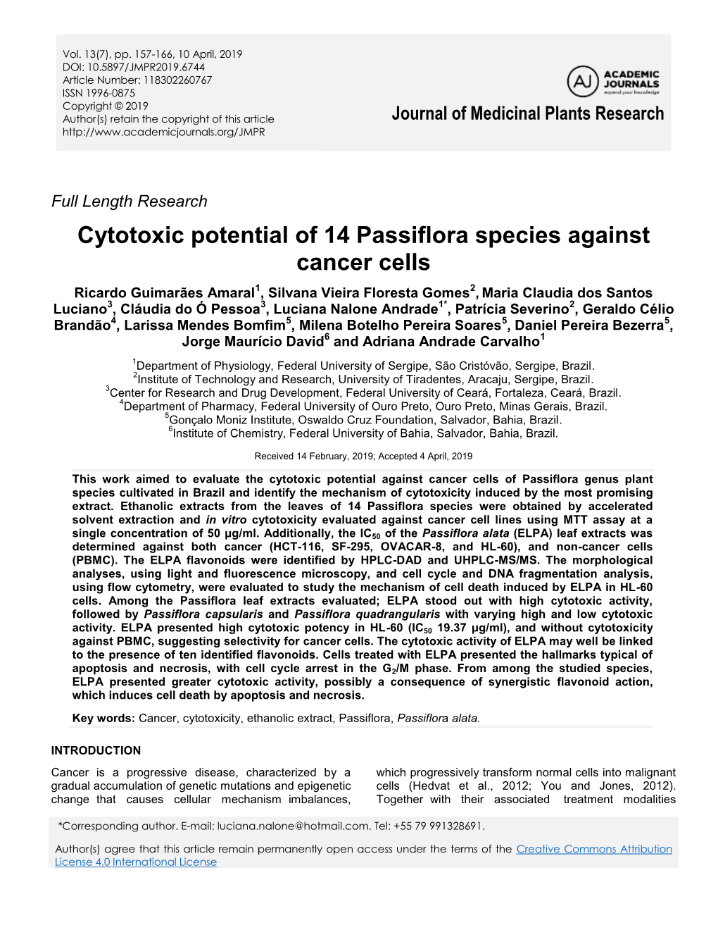 Cytotoxic Potential of 14 Passiflora Species Against Cancer Cells