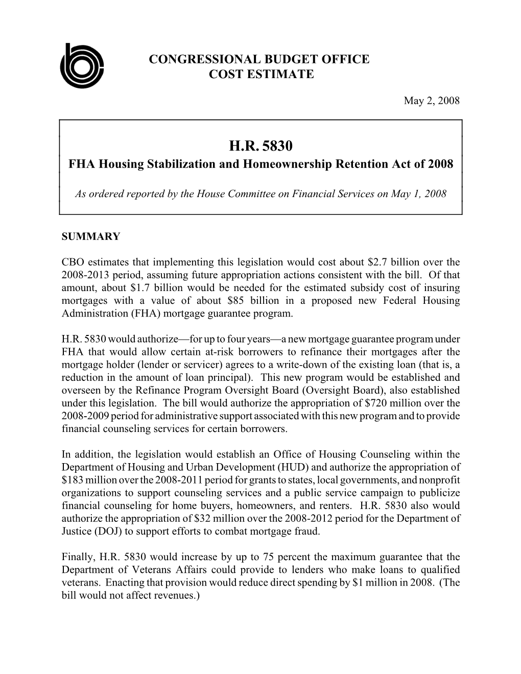 H.R. 5830 FHA Housing Stabilization and Homeownership Retention Act of 2008