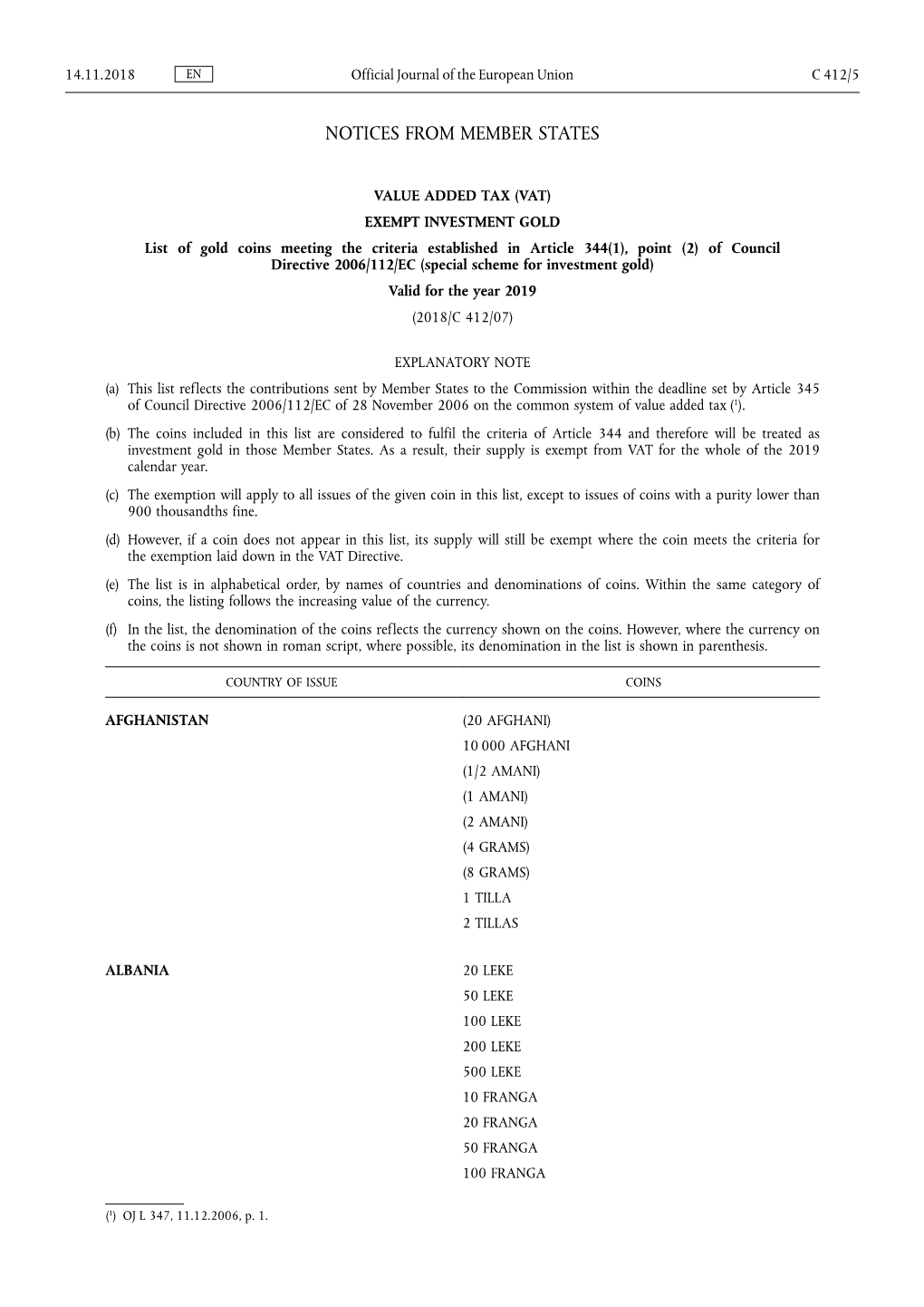 List of Gold Coins Meeting the Criteria Established in Article 344(1)