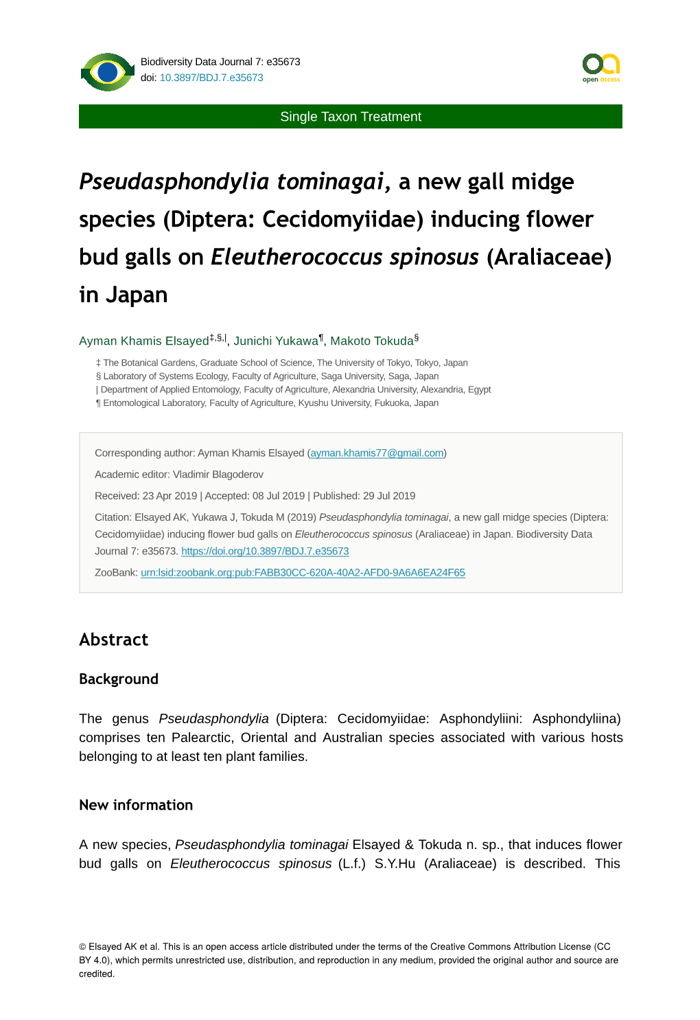 Diptera: Cecidomyiidae) Inducing Flower Bud Galls on Eleutherococcus Spinosus (Araliaceae) in Japan