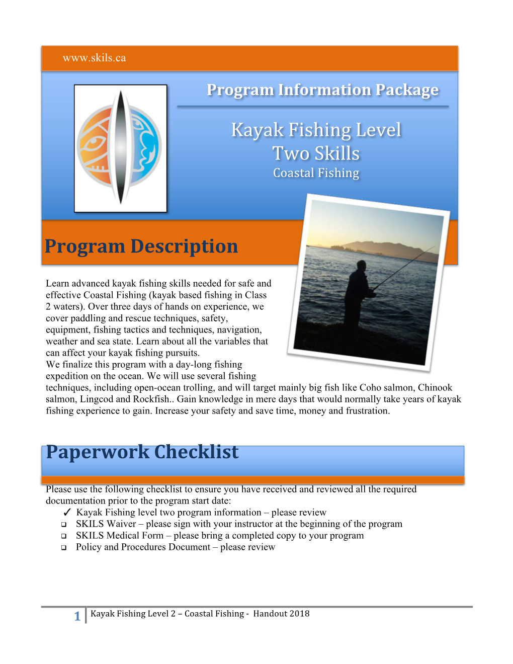 Program Description Paperwork Checklist Kayak Fishing Level Two Skills