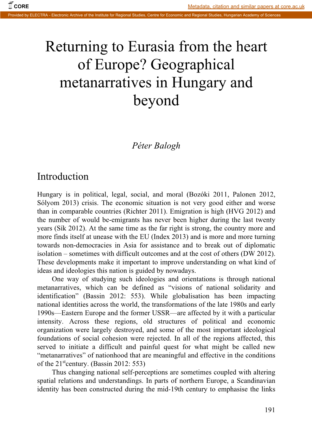 Geographical Metanarratives in Hungary and Beyond