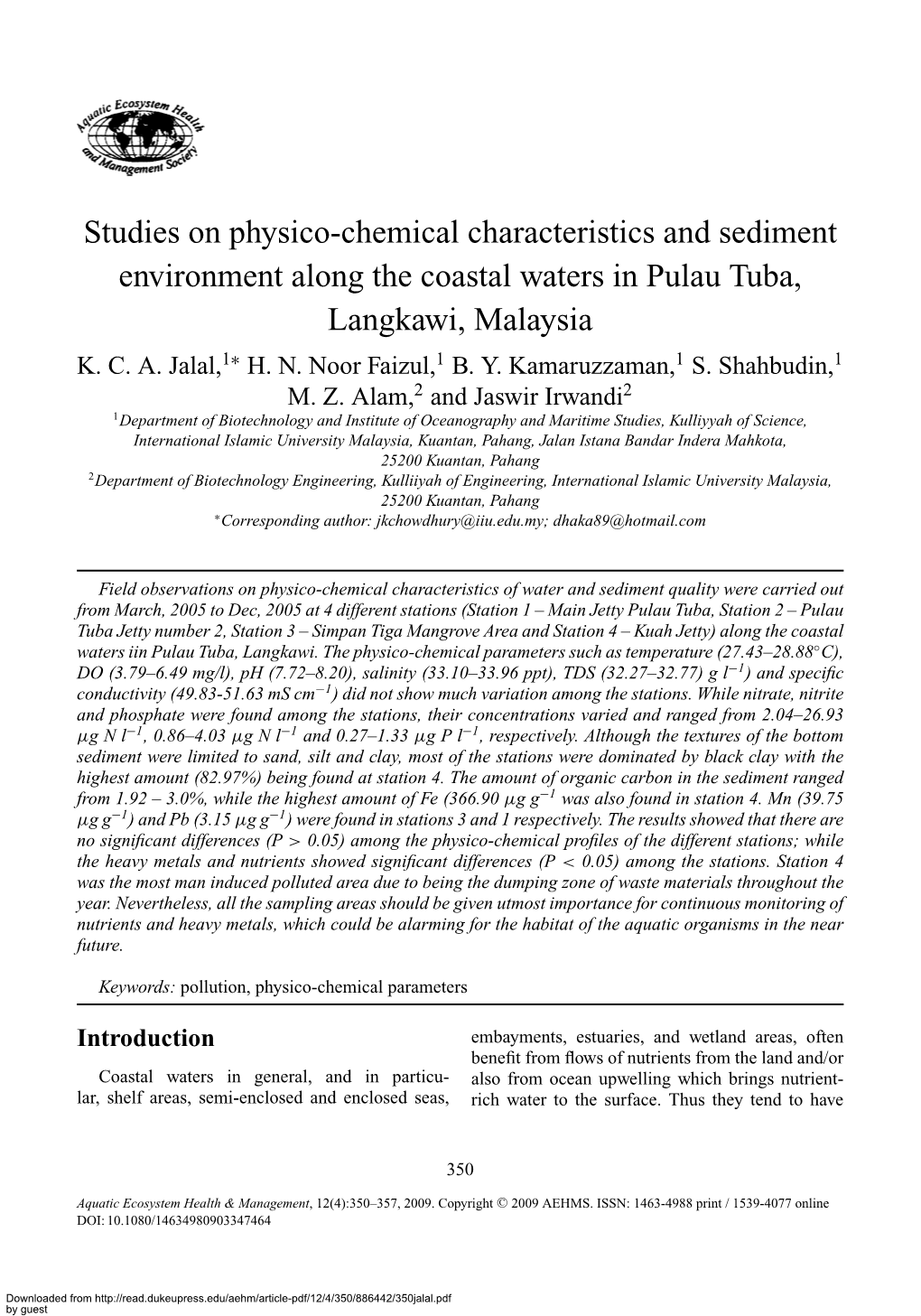 Studies on Physico-Chemical Characteristics and Sediment Environment Along the Coastal Waters in Pulau Tuba, Langkawi, Malaysia K