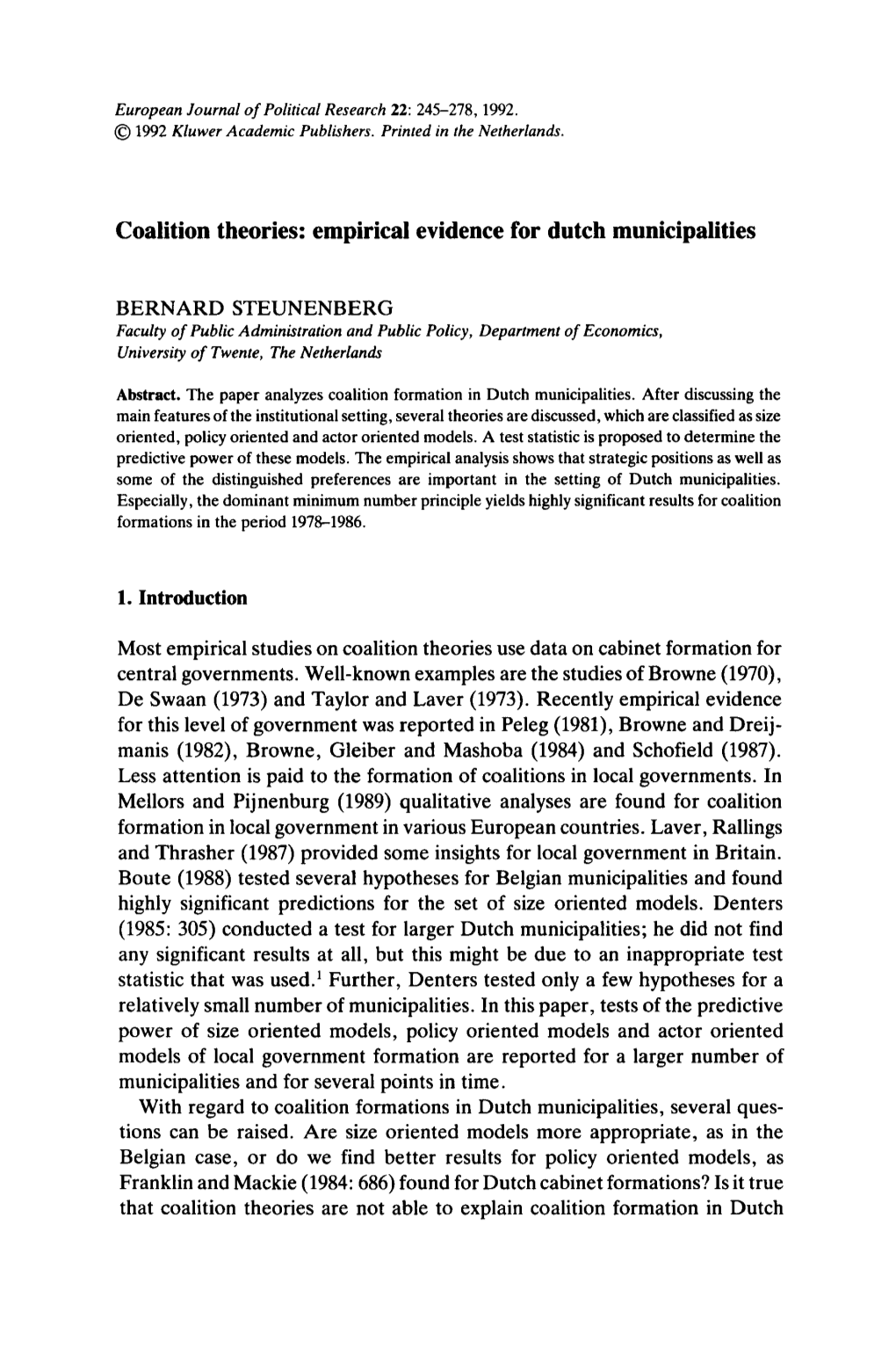 Coalition Theories: Empirical Evidence for Dutch Municipalities