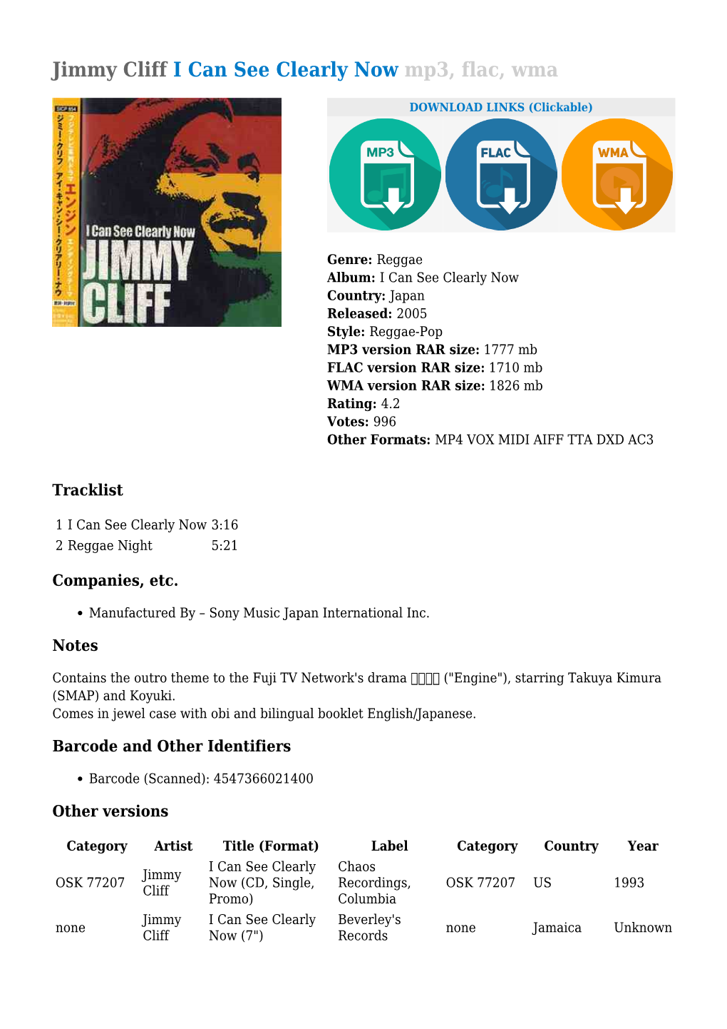 Jimmy Cliff I Can See Clearly Now Mp3, Flac, Wma