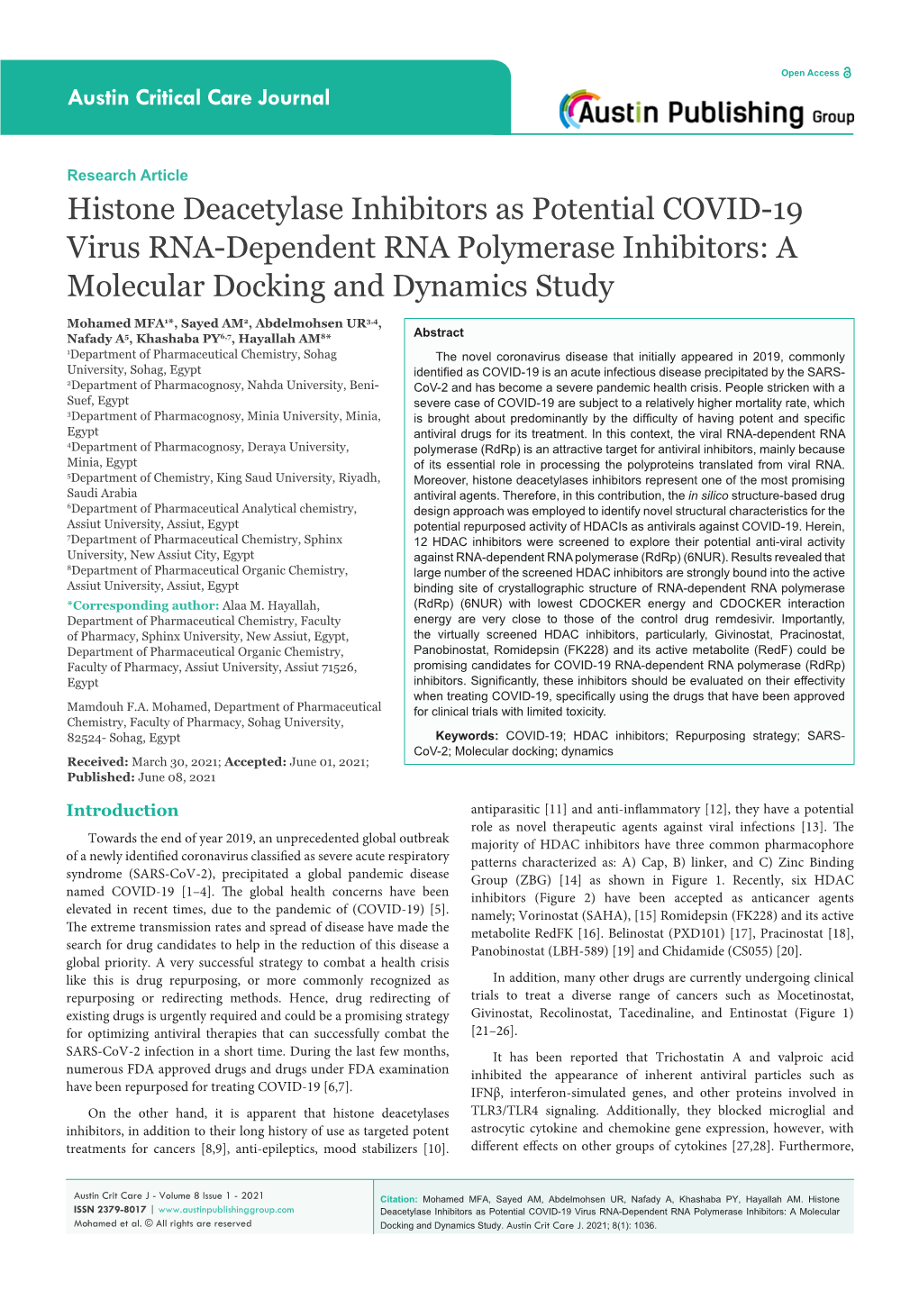 Histone Deacetylase Inhibitors As Potential COVID-19 Virus RNA-Dependent RNA Polymerase Inhibitors: a Molecular Docking and Dynamics Study