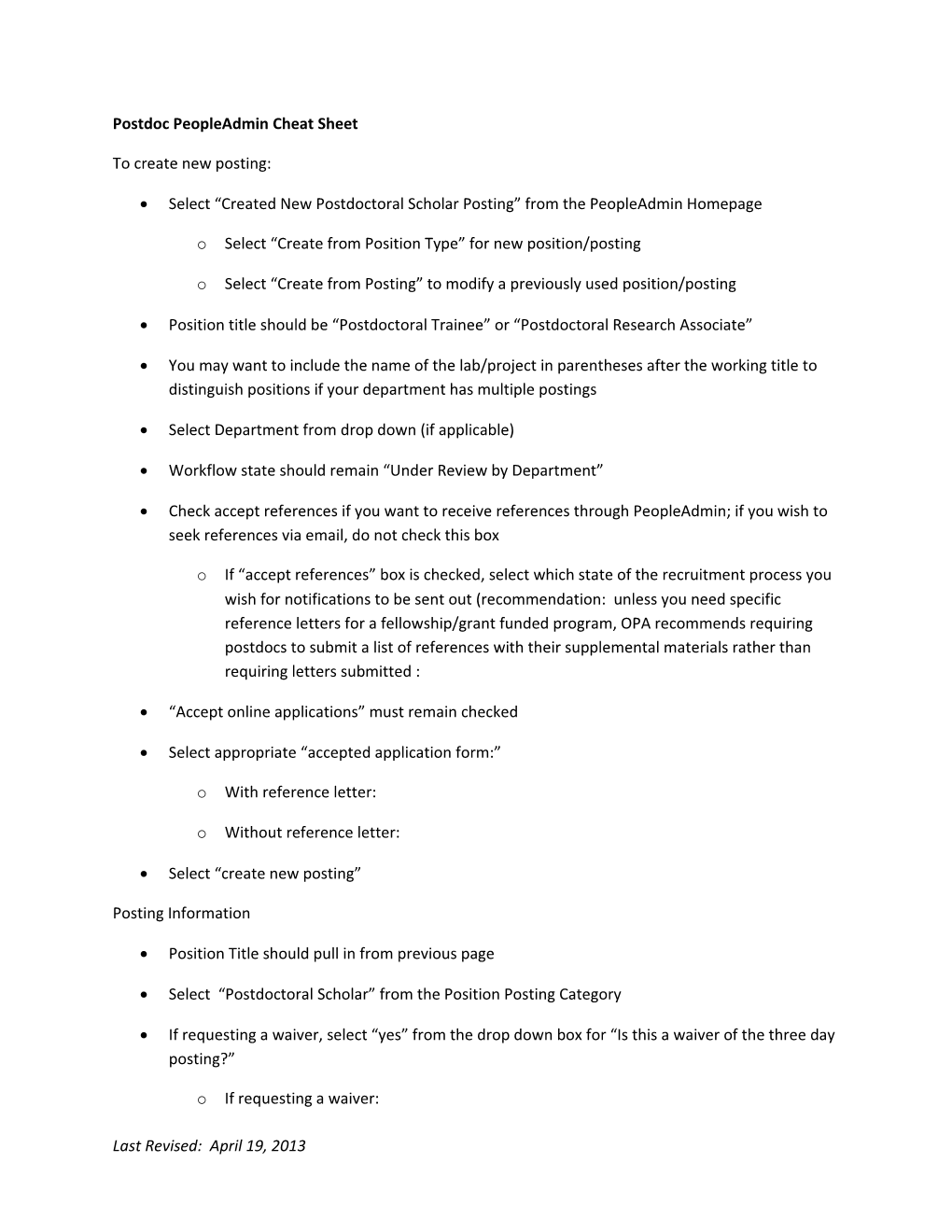 Postdoc Peopleadmin Cheat Sheet