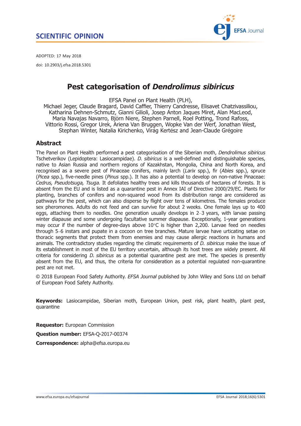 Pest Categorisation of Dendrolimus Sibiricus