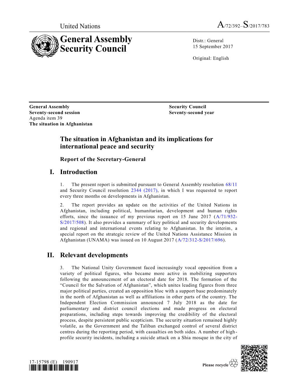 General Assembly Security Council Seventy-Second Session Seventy-Second Year Agenda Item 39 the Situation in Afghanistan