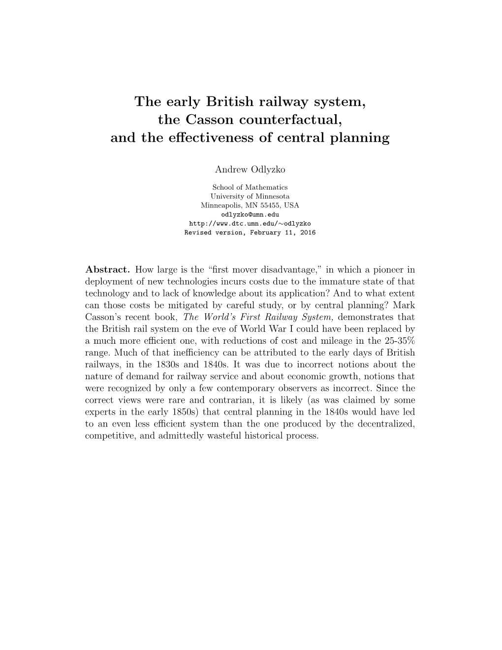 The Early British Railway System, the Casson Counterfactual, and the Effectiveness of Central Planning