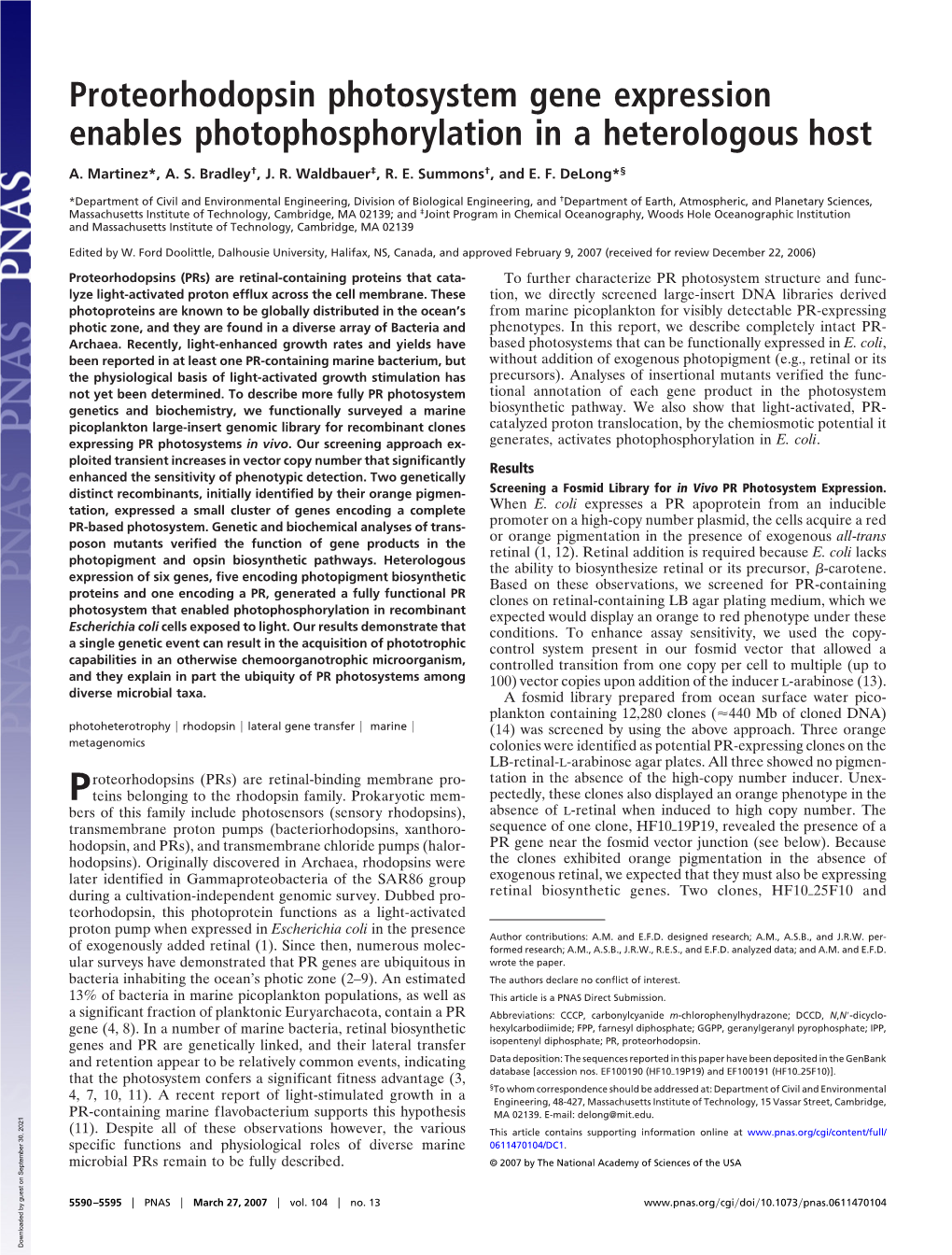 Proteorhodopsin Photosystem Gene Expression Enables Photophosphorylation in a Heterologous Host