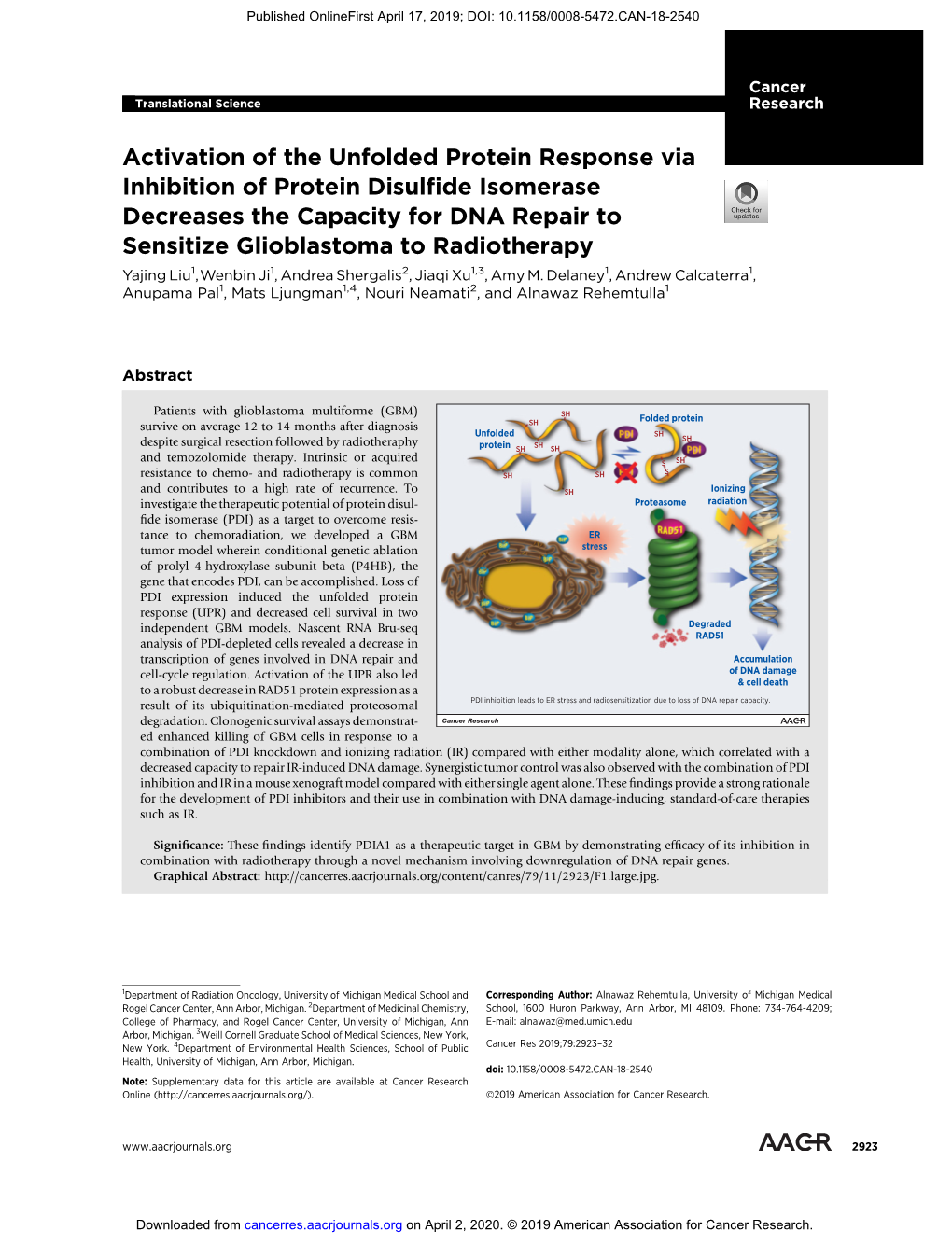 Activation of the Unfolded Protein Response Via Inhibition of Protein Disulfide Isomerase Decreases the Capacity for DNA Repair