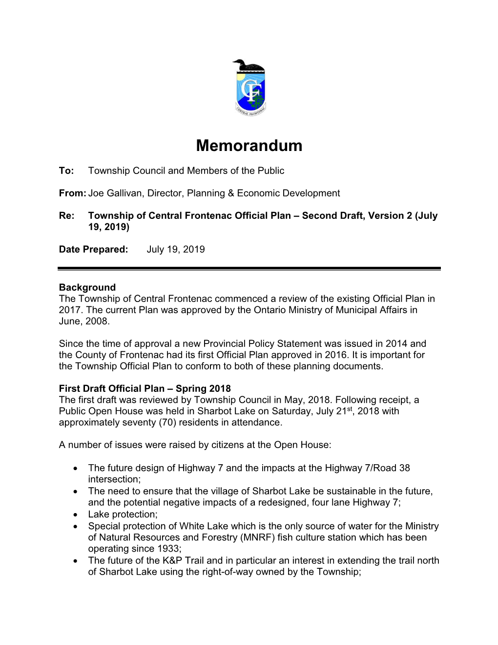 Township of Central Frontenac Official Plan – Second Draft, Version 2 (July 19, 2019)