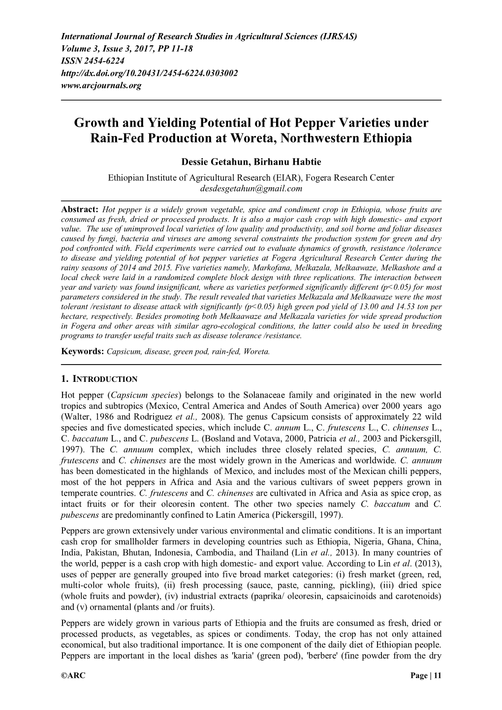 Growth and Yielding Potential of Hot Pepper Varieties Under Rain-Fed Production at Woreta, Northwestern Ethiopia