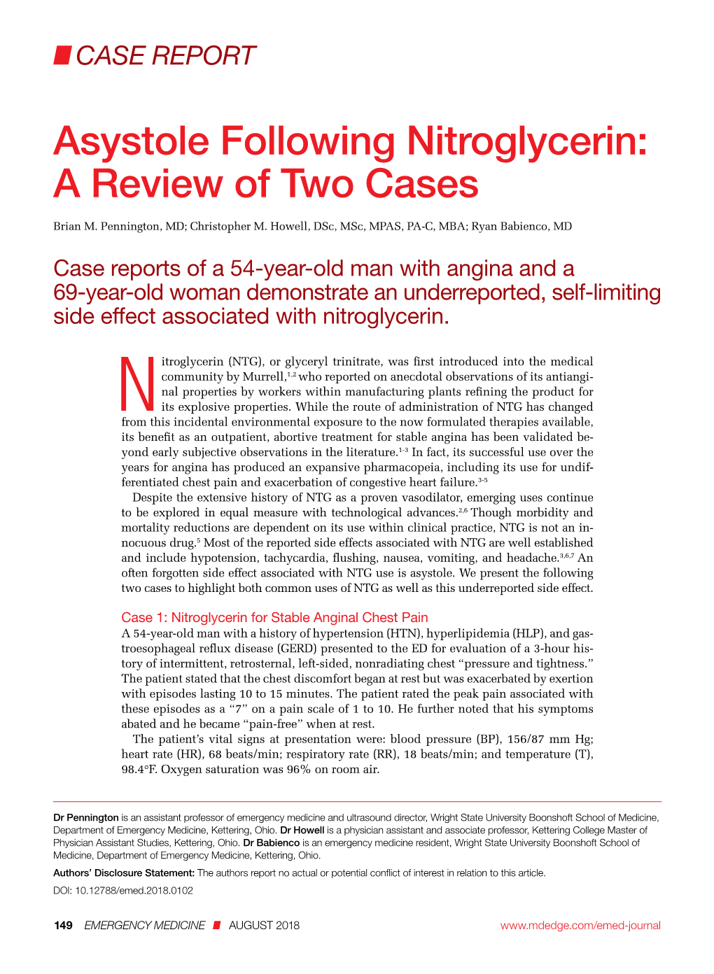 Asystole Following Nitroglycerin: a Review of Two Cases