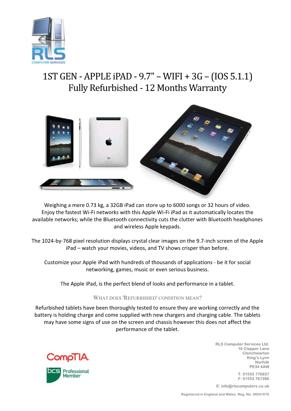 1ST GEN - APPLE Ipad - 9.7" – WIFI + 3G – (IOS 5.1.1) Fully Refurbished - 12 Months Warranty