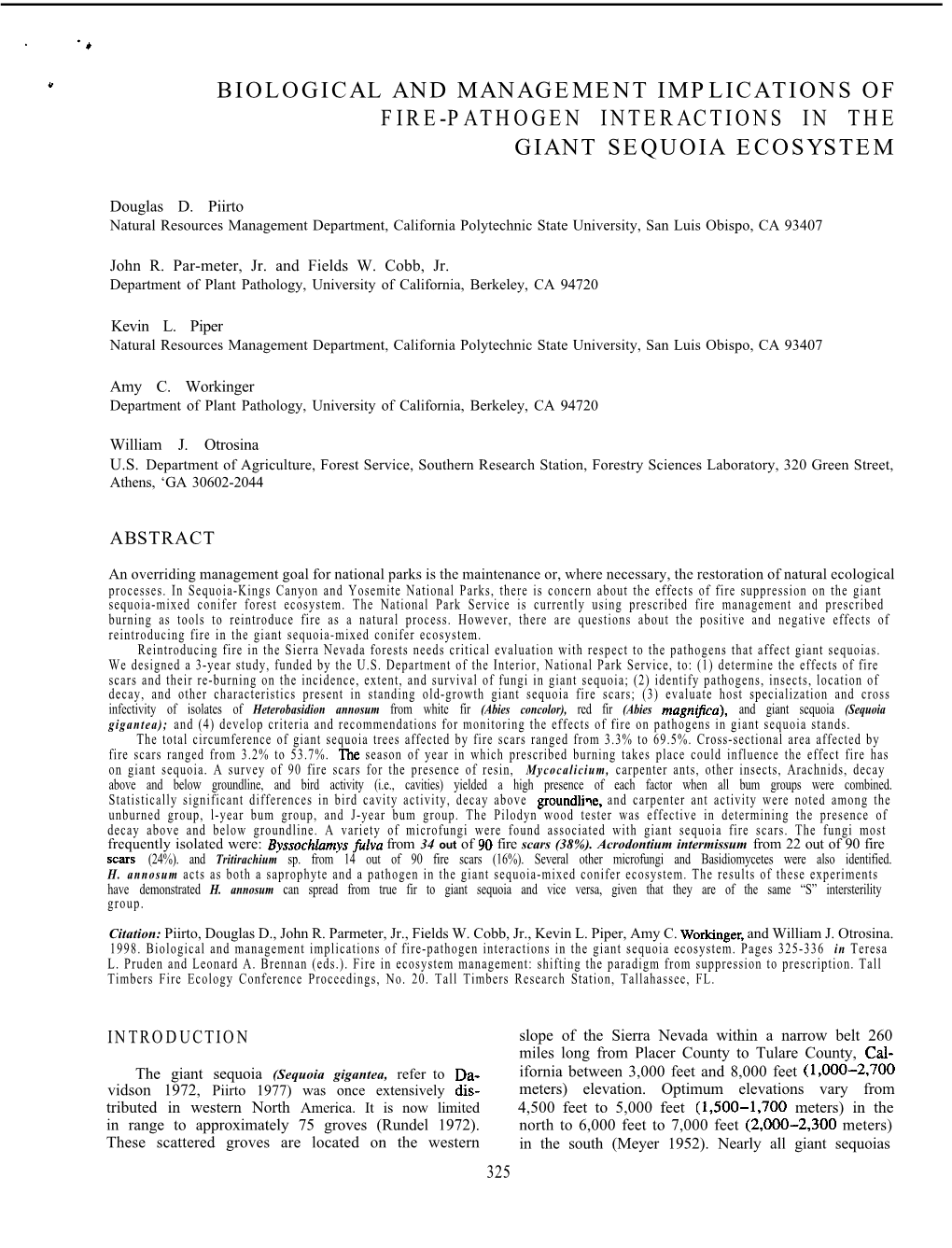 Biological and Management Implications of Fire-Pathogen Interactions in the Giant Sequoia Ecosystem