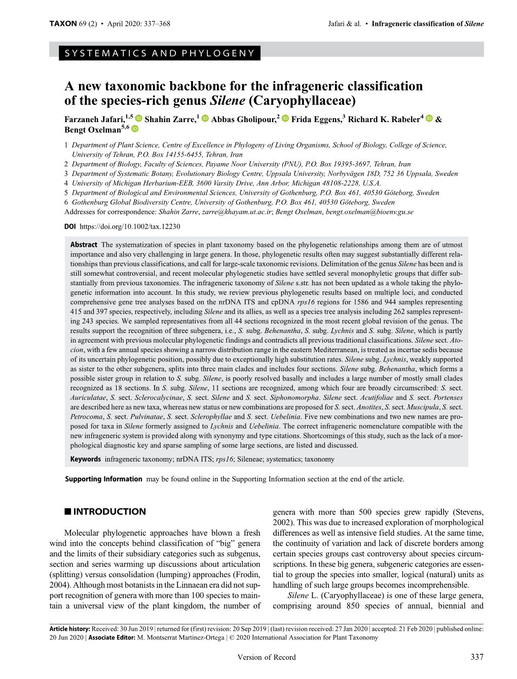 Caryophyllaceae) Farzaneh Jafari,1,5 Shahin Zarre,1 Abbas Gholipour,2 Frida Eggens,3 Richard K