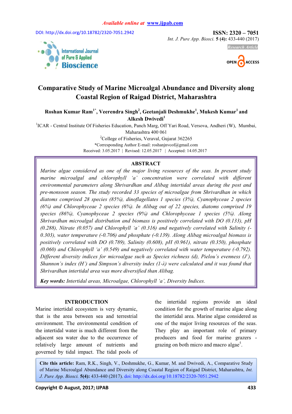 Comparative Study of Marine Microalgal Abundance and Diversity Along Coastal Region of Raigad District, Maharashtra