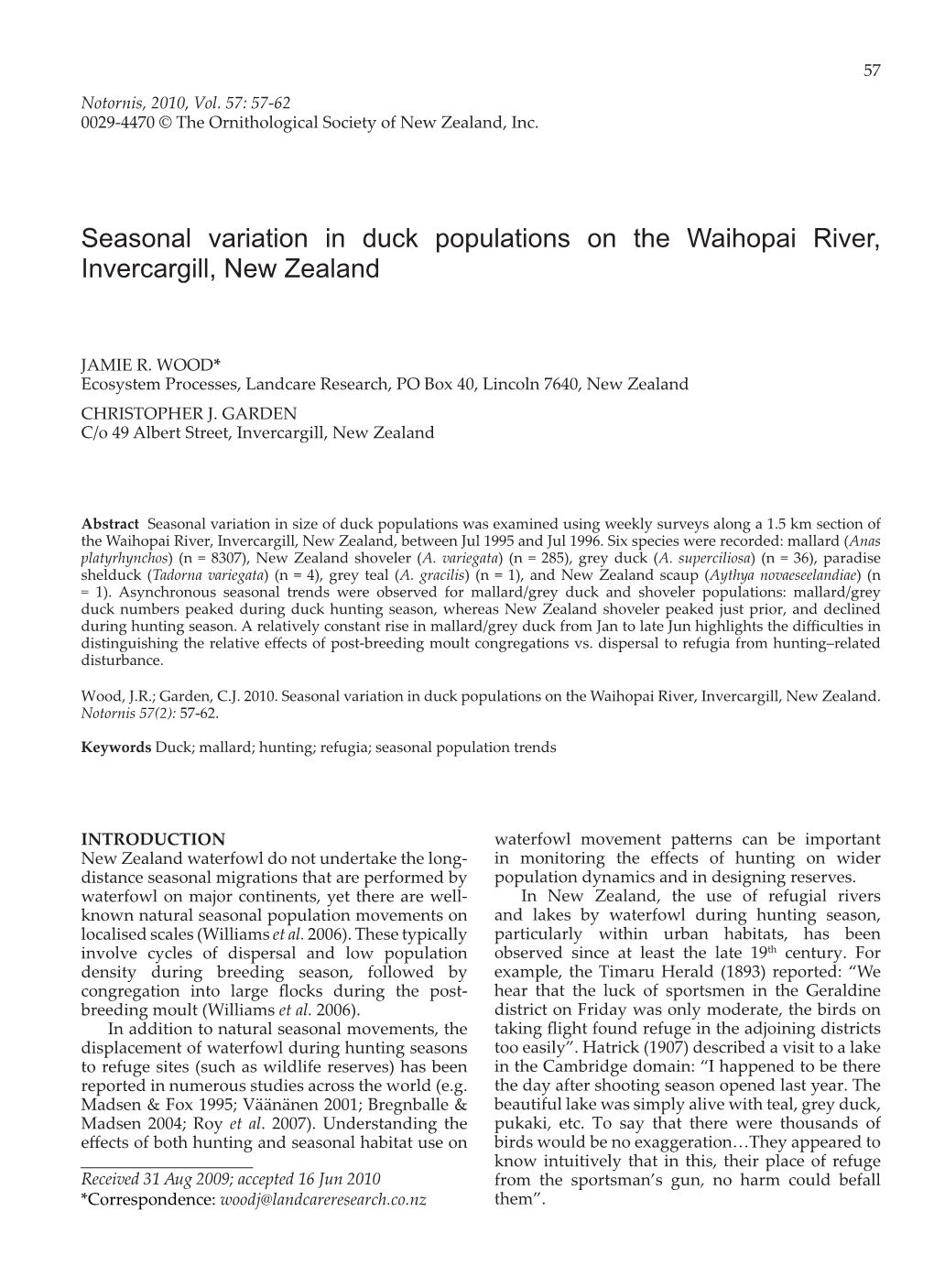 Seasonal Variation in Duck Populations on the Waihopai River, Invercargill, New Zealand