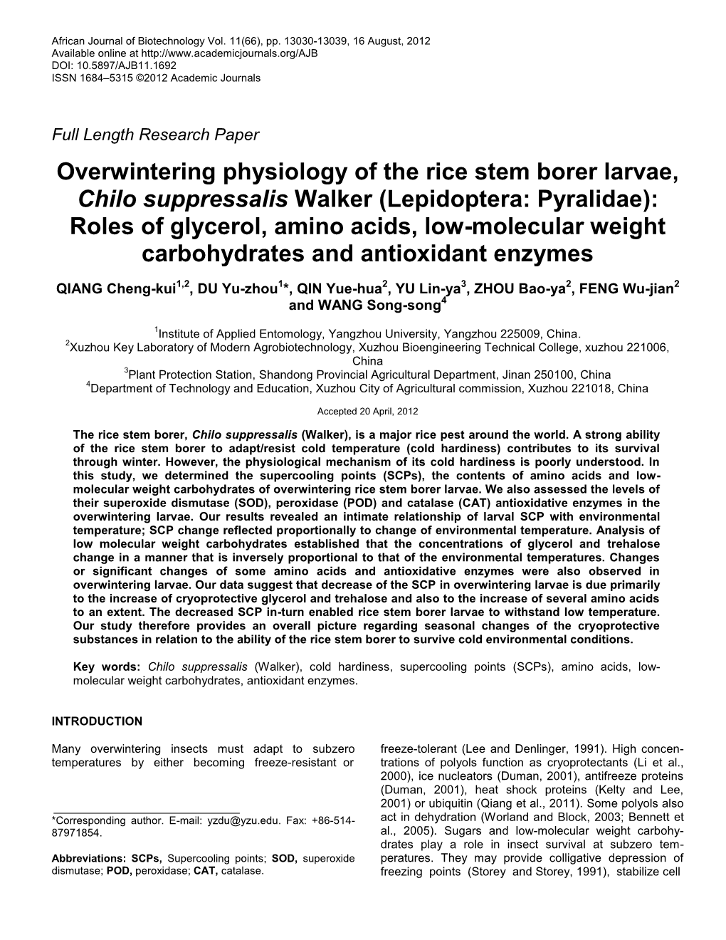 Overwintering Physiology of the Rice Stem Borer Larvae, Chilo Suppressalis Walker