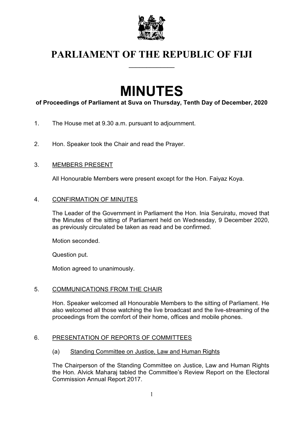 MINUTES of Proceedings of Parliament at Suva on Thursday, Tenth Day of December, 2020