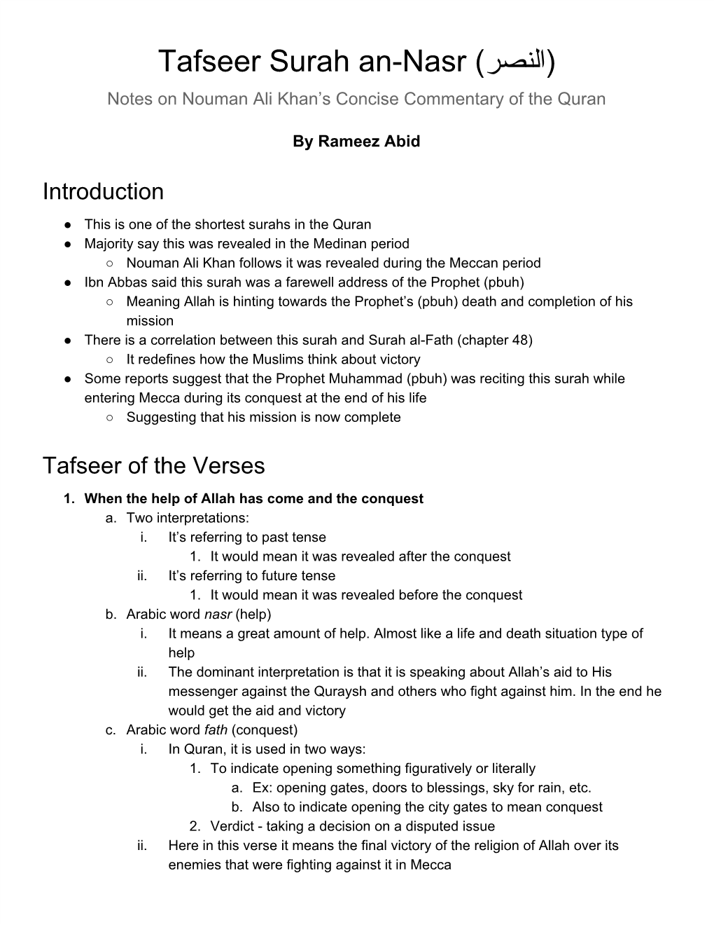 Tafseer Surah An-Nasr Notes on Nouman Ali Khan’S Concise Commentary of the Quran