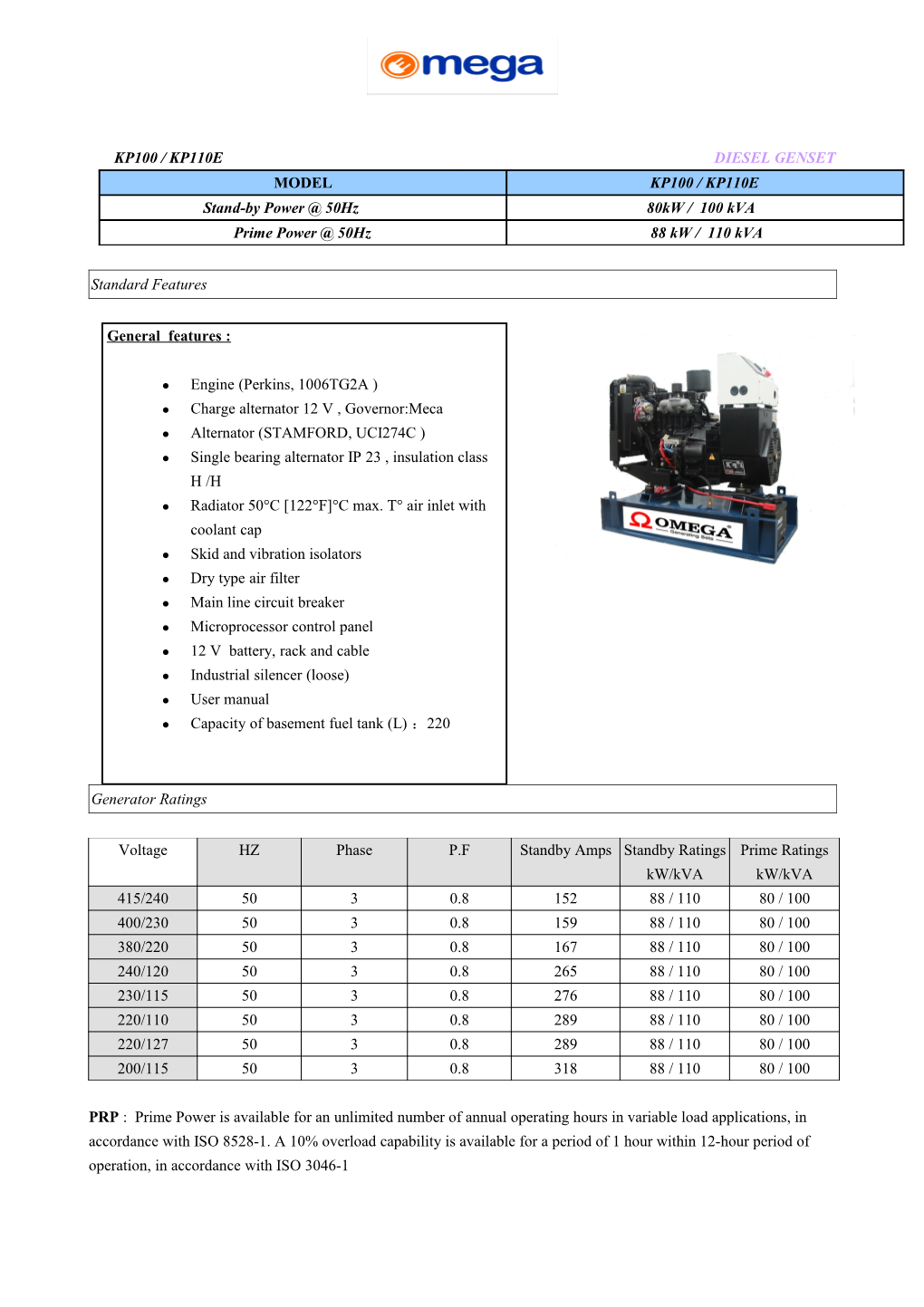 Cooltech Genset Technical Data