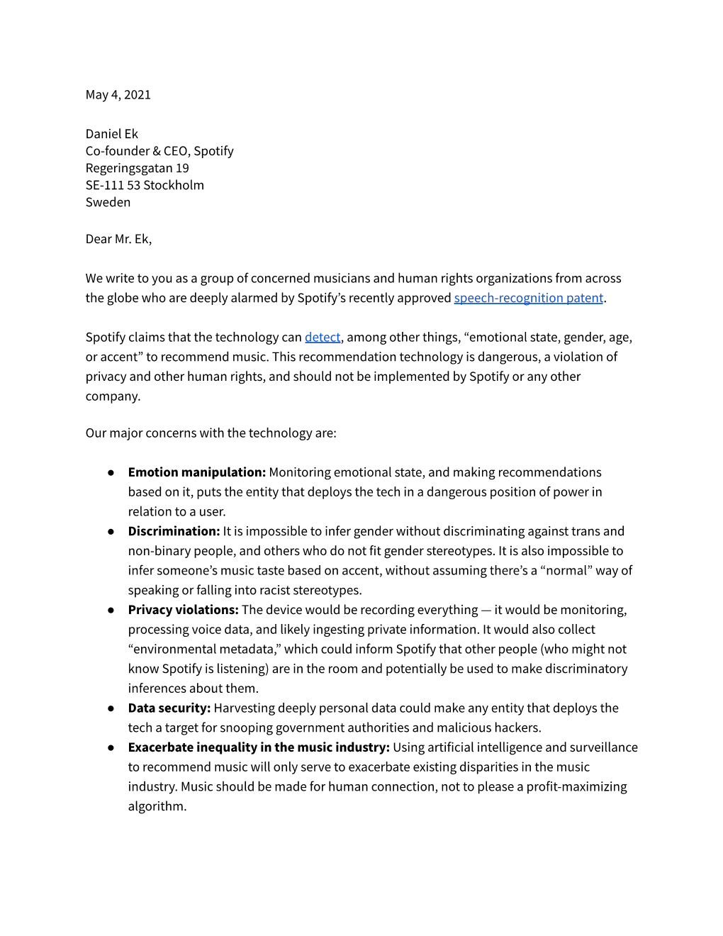 Letter to Spotify Calling on the Company to Abandon the Technology in the Patent, Because It Presents Grave Privacy and Security Concerns