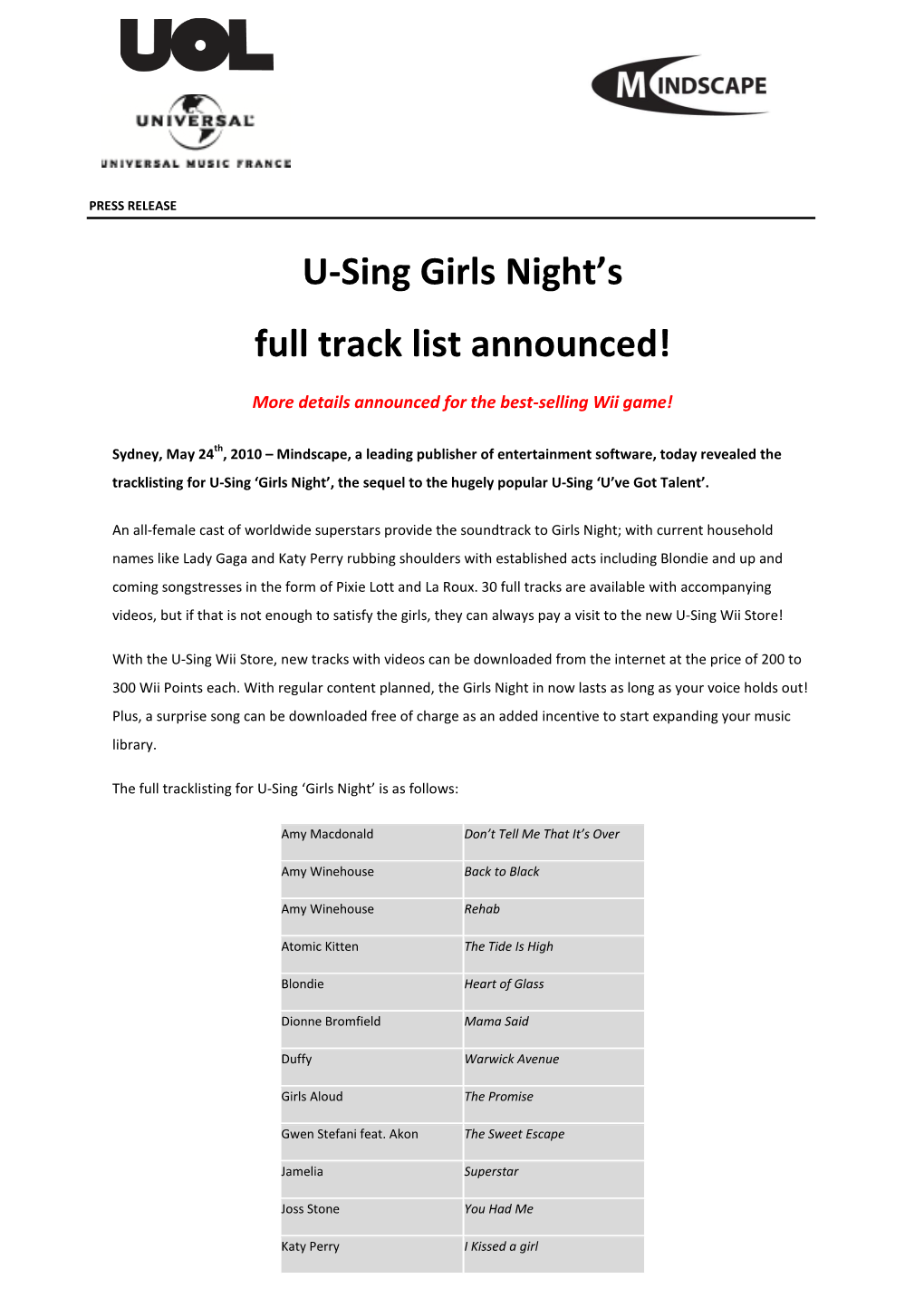 U-Sing Girls Night's Full Track List Announced!