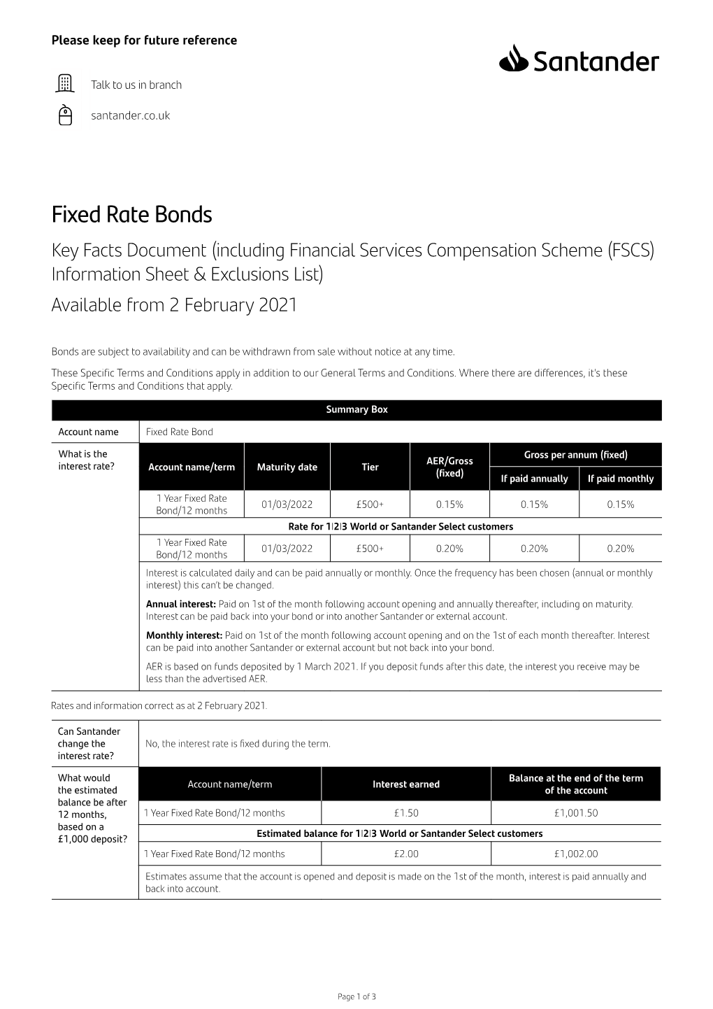 Fixed Term Bonds Key Facts Document – SAVE0009 FEB21H