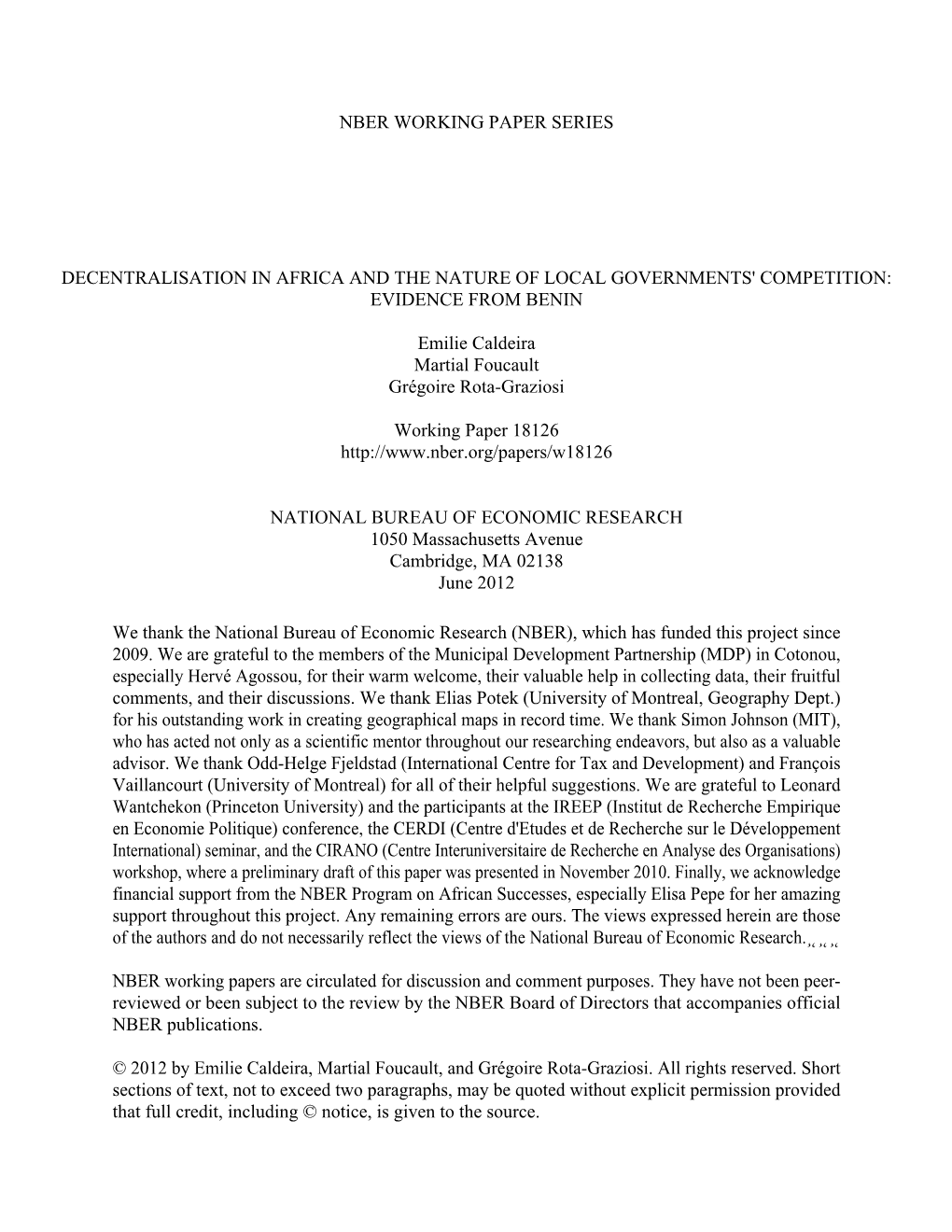 Nber Working Paper Series Decentralisation in Africa