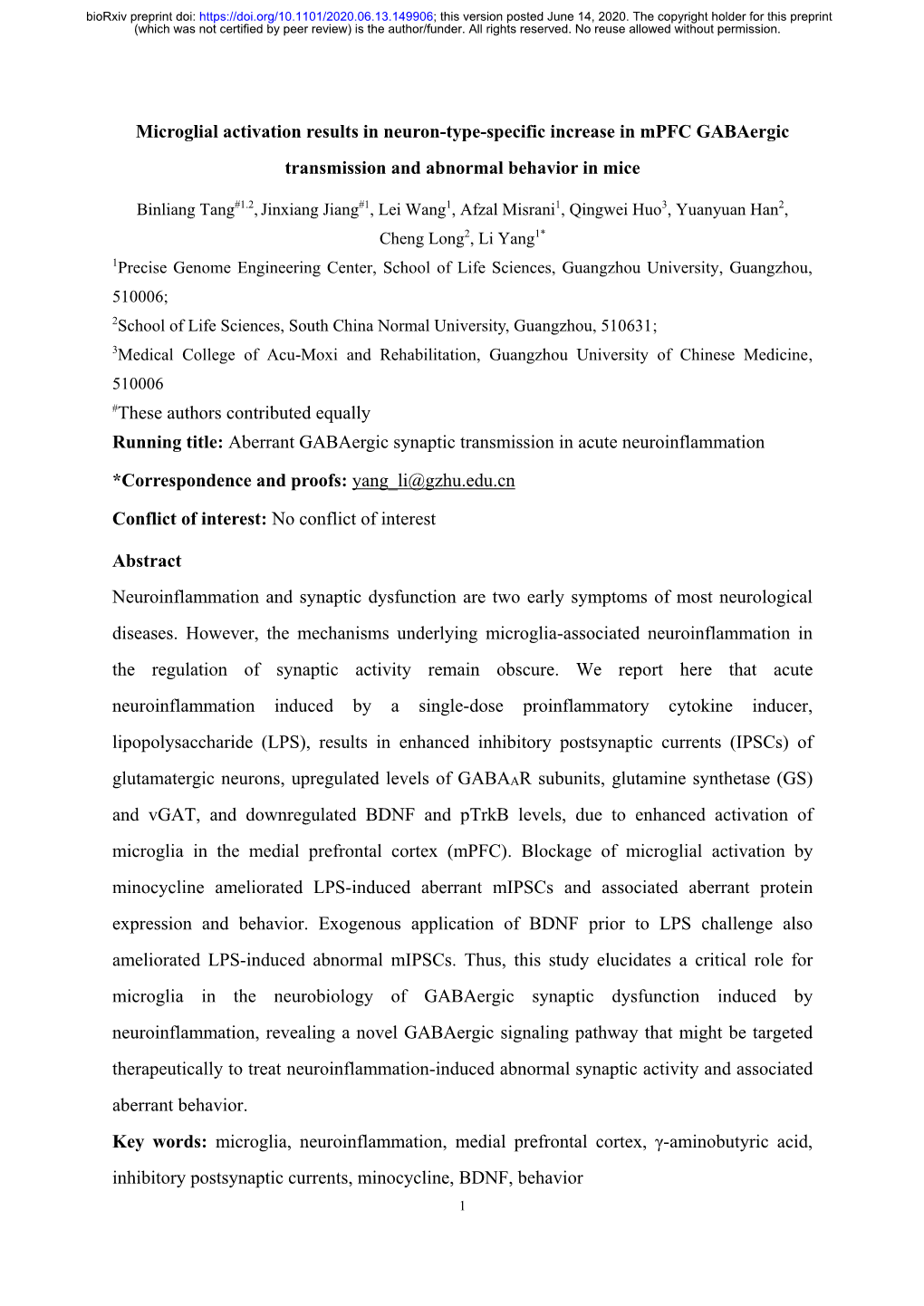 Microglial Activation Results in Neuron-Type-Specific Increase in Mpfc Gabaergic Transmission and Abnormal Behavior in Mice