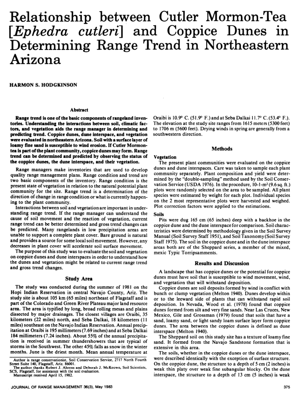 Relationship Between Cutler Mormon-Tea [Ephedra C&Eri] and Coppice Dunes in Determining Range Trend in Northeastern Arizona