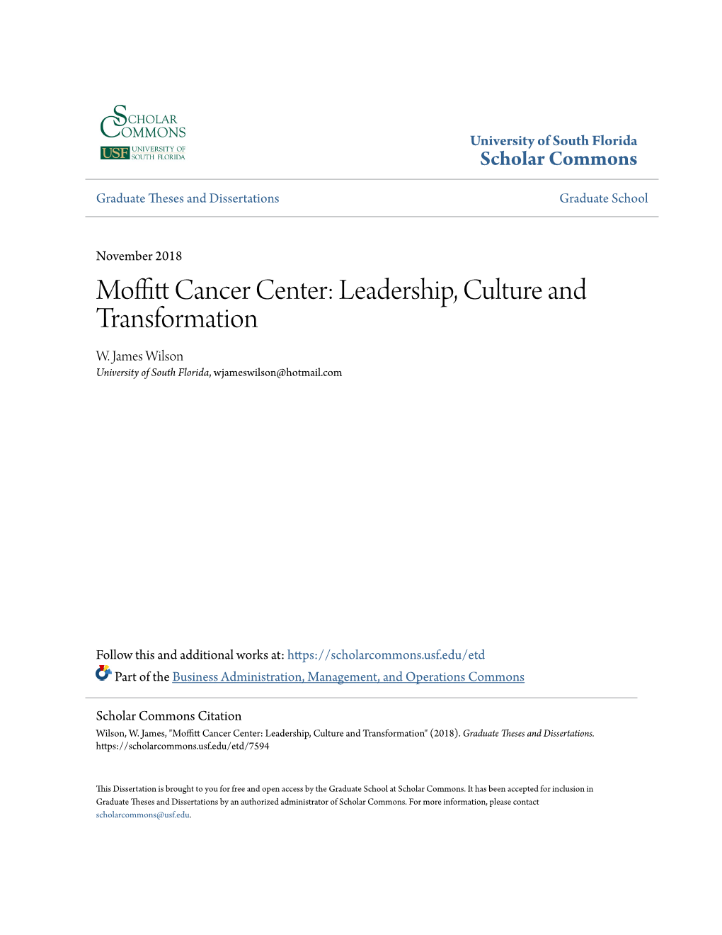 Moffitt Cancer Center: Leadership, Culture and Transformation