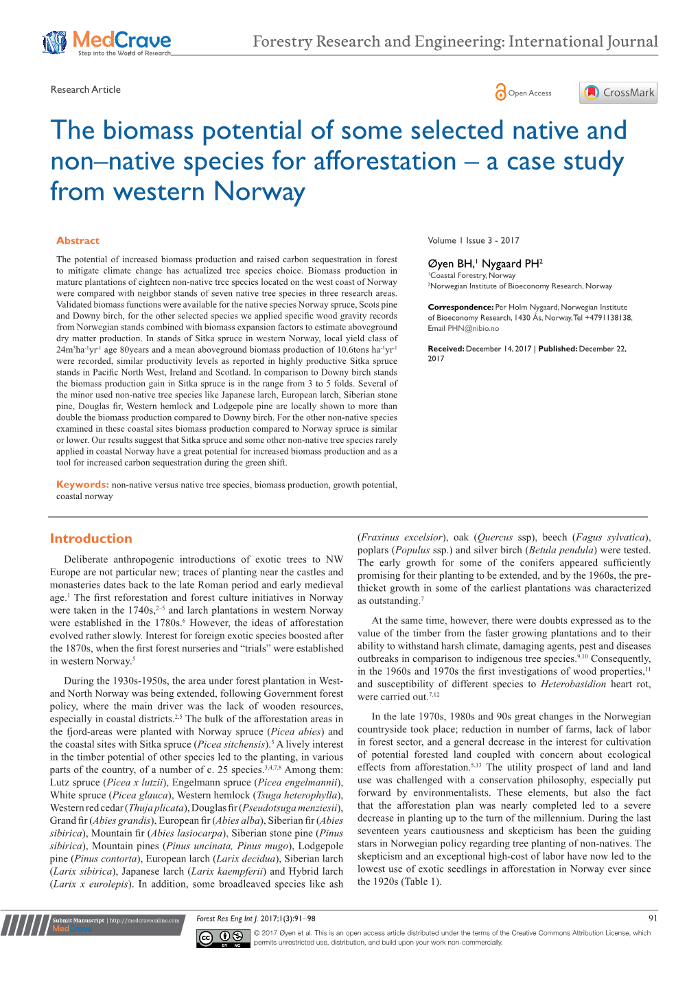 The Biomass Potential of Some Selected Native and Non‒Native Species for Afforestation ‒ a Case Study from Western Norway