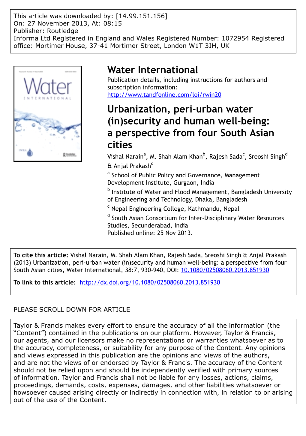 Urbanization, Peri-Urban Water (In)Security and Human Well-Being: a Perspective from Four South Asian Cities Vishal Naraina, M